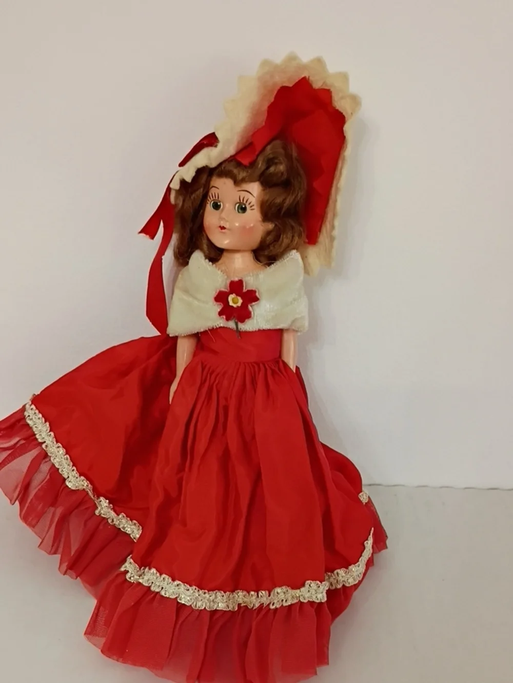 Red Vintage-Style Girls' Doll in Red Dress and Bonnet Eyes Open/Close